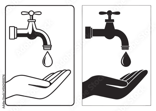 Vector art of a faucet with water dropping into a hand, isolated on white background