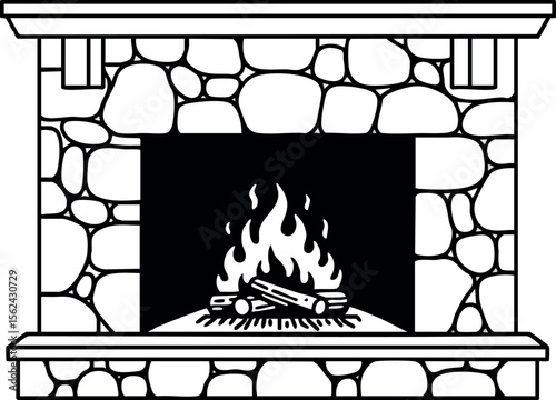 Stone Fireplace with Burning Wood Fire Illustration Black and White Vector Design 