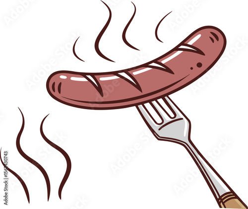 Vector art of a grilled sausage on a fork isolated on white background