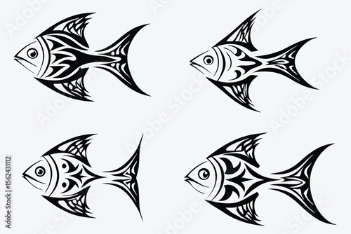 Four stylized black fish swim, each uniquely patterned and sharply outlined, exhibiting a monochrome aquatic theme