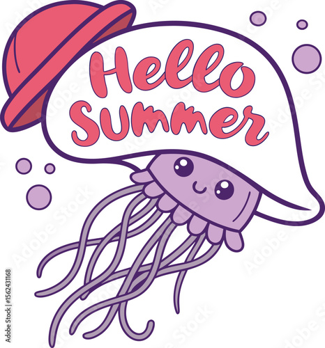  Cute purple jellyfish wearing red hello summer hat