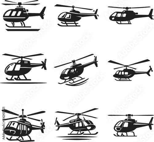 Helicopter icon set black silhouette vector isolated on white background