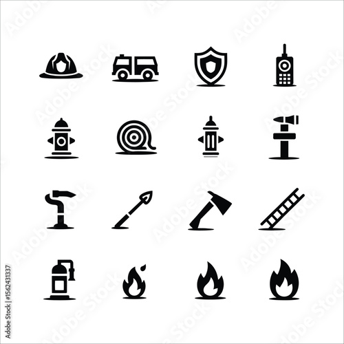 Firefighter equipment icons vector set fire truck helmet axe hydrant hose ladder protection radio 