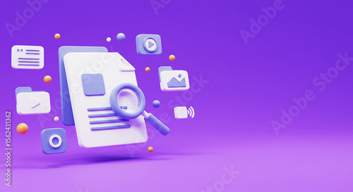 Floating document with magnifying glass and icons on a purple background in a rendered style