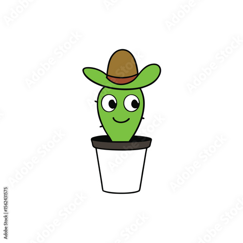 Whimsical cactus alien wearing a miniature cowboy hat fun sci fi character illustration