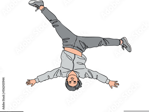 Young man performing handstand in casual clothes dynamic pose vector illustration 