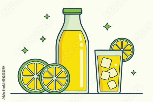 Refreshing Lemonade Bottle & Glass Illustration