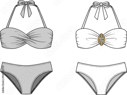 Bikini set technical sketch, front and back view, halter neck tops, twisted and ring detail, stitched bikini bottoms, swimwear fashion drawing, garment design template