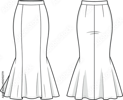 Mermaid skirt technical sketch, front and back view, fitted upper body, flared hemline, seam detailing, structured silhouette, fashion drawing, garment construction, design template