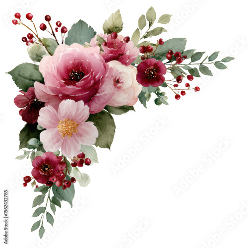 Fototapeta Naklejka Na Ścianę i Meble -  Watercolor floral arrangement with pink and burgundy roses and berries isolated on transparent background