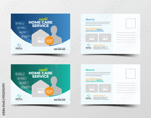 Clean and professional home care medical postcard design for nursing, elderly care, and health assistance