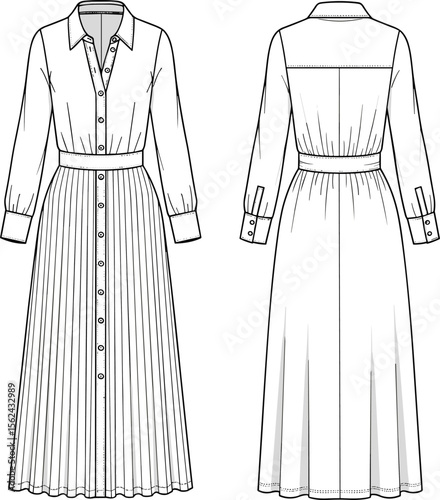 Pleated shirt dress sketch, front and back view, collared neckline, button-down front, long cuffed sleeves, defined waistband, structured pleated skirt, fashion drawing, garment template
