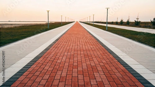 Long, straight elevated pedestrian walkway with distinctive red brick pavers and white architectural columns, leading into the distance.


