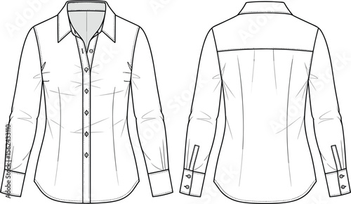 Button-up shirt technical sketch, front and back view, collared neckline, button placket, cuffed sleeves, back yoke with darts, fashion drawing, garment design template