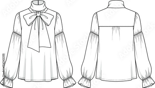 Blouse technical sketch, front and back view, high collar with bow tie, gathered sleeves, ruffled cuffs, yoke back detail, fashion drawing, garment design template