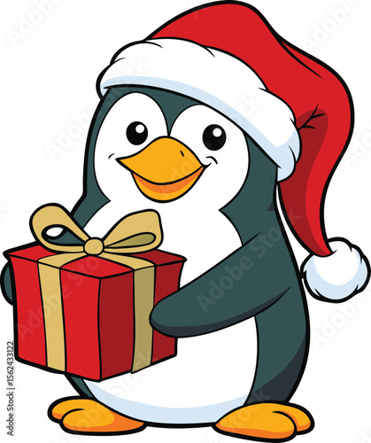 Cute Penguin Wearing Santa Hat Holding Christmas Gift, Adorable Holiday Character Illustration. new 2025 trendy.