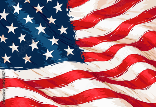 Vector design with decorative drawing of torn national 
flag of usa is fluttering in wind. 
Fashion t-shirt print. American pattern 
of stars and wavy stripes for textiles, fabric, clothing.