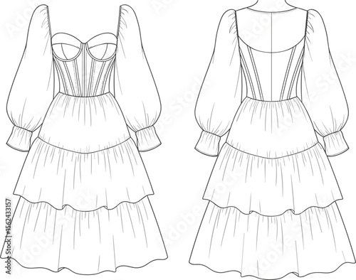 Tiered puff sleeve dress sketch, front and back view, structured bodice, gathered cuffs, scoop back neckline, layered skirt, fashion technical drawing, garment design template