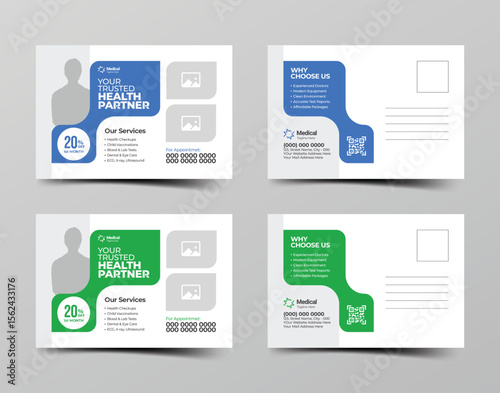 Medical postcard template with clean layout and customizable colors for hospital or doctor marketing
