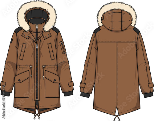 Winter parka technical sketch, front and back view, fur-lined hood, flap and zip pockets, sleeve pocket, drawstring hem, fashion drawing, garment design template