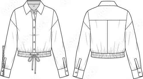 -Jacket technical sketch, front and back view, collared neckline, button-down front, cuffed sleeves, drawstring waistband, yoke back, center seam, fashion drawing, garment template