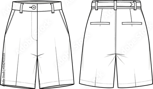 Shorts technical sketch, front and back view, waistband with belt loops, button closure, side pockets, welt back pockets, fashion drawing, garment design template