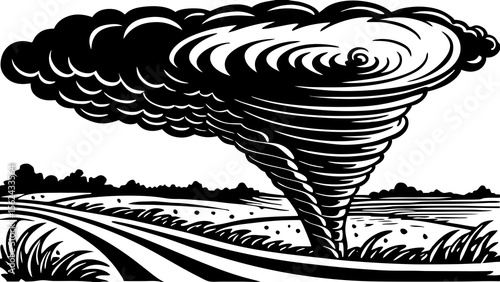 Black and white vector illustration of tornado, dramatic weather phenomenon, rural landscape