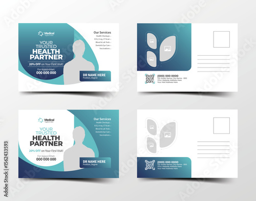 Modern medical postcard template design for clinic promotion and healthcare services