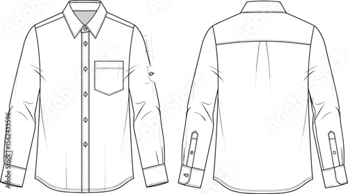 Button-up shirt technical sketch, front and back view, collared neckline, chest pocket, buttoned cuffs, shoulder yoke, pleated back, fashion drawing, garment design template