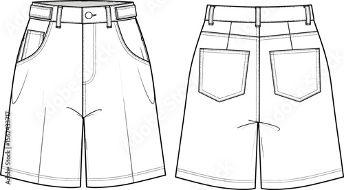 Shorts technical sketch, front and back view, waistband with belt loops, button closure, front and back pockets, seam detail, fashion drawing, garment design template