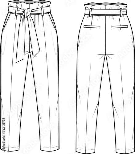 High-waist tapered pants sketch, front and back view, tie belt, elastic waistband, side pockets, welt back pockets, fashion technical drawing, garment design template