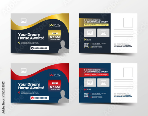 Elegant wavy design real estate postcard template with sleek layout and multiple color options