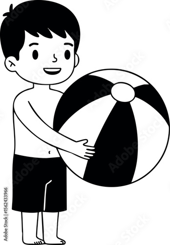 Boy holding black and white beach ball summer leisure activity vector illustration 
