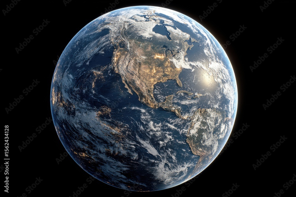 Obraz premium Stunning view of Earth from space showcasing continents and glowing city lights