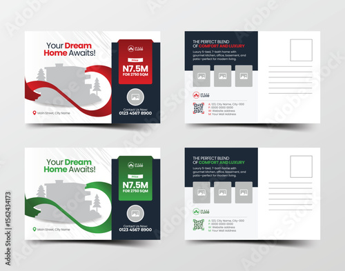 Sleek modern real estate postcard template featuring elegant wavy design and editable photo placeholders with versatile color variations