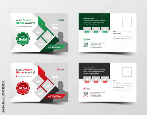 Professional real estate postcard template design with clean layouts, abstract shapes, and photo placeholders in color variations