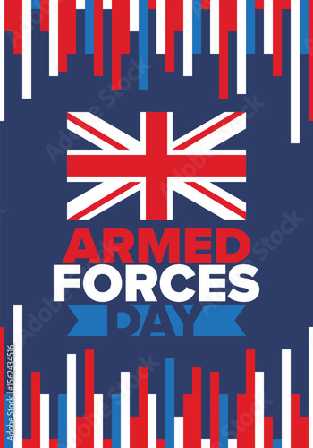 Armed Forces Day in United Kingdom. Great Britain flag. Veterans' and Memorial Day. Holiday to honoring the armed forces. British flag. Army Day. Creative art poster. Vector illustration