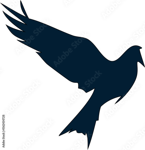 Graceful black bird vector, flying silhouette of dove or eagle, conveying peace, freedom, and soaring wings.