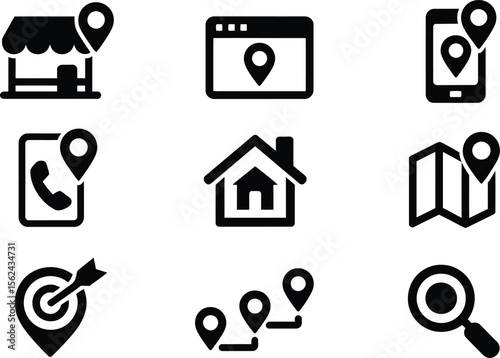 Collection of black location and navigation icons on a white background