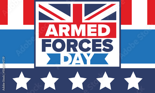 Armed Forces Day in United Kingdom. Great Britain flag. Veterans' and Memorial Day. Holiday to honoring the armed forces. British flag. Army Day. Creative art poster. Vector illustration