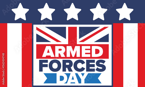 Armed Forces Day in United Kingdom. Great Britain flag. Veterans' and Memorial Day. Holiday to honoring the armed forces. British flag. Army Day. Creative art poster. Vector illustration