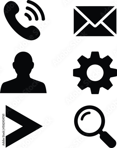 Collection of six essential black communication and navigation icons on a white background