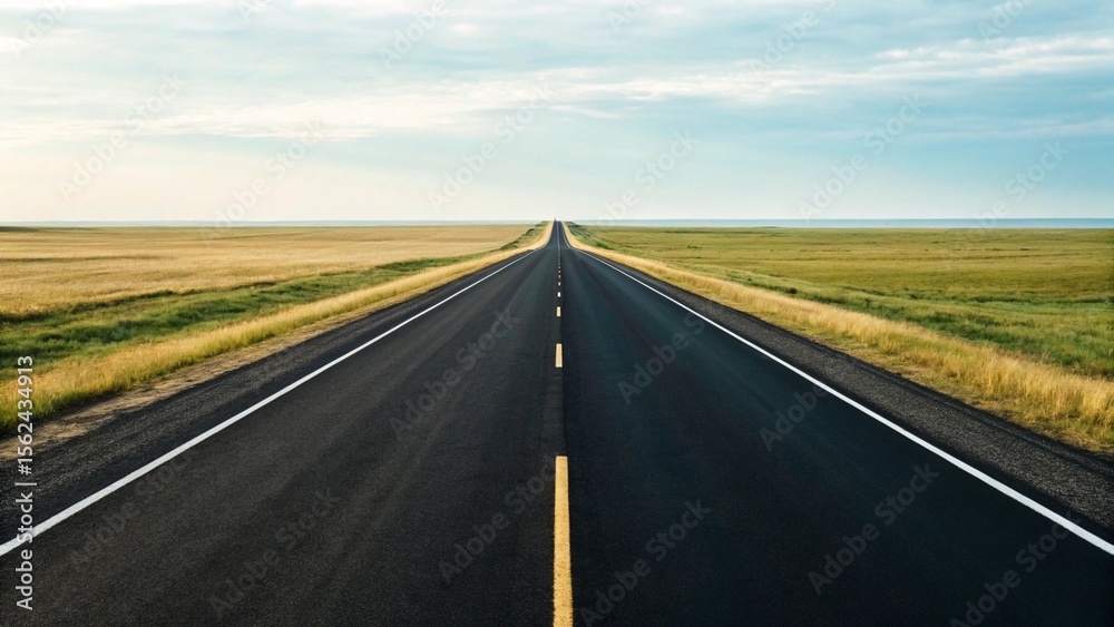 Fototapeta premium Long, straight asphalt road stretching to a distant horizon through vast, flat green fields under a clear, open sky, symbolizing endless possibilities.