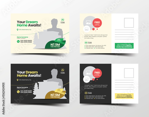 Elegant and minimal real estate postcard bundle featuring gold and green color themes for property marketing