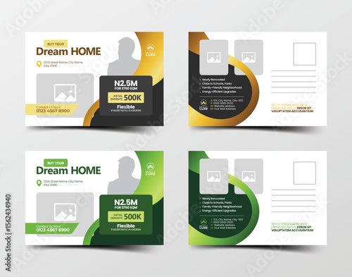 Real estate postcard design bundle with gold and green color schemes for property marketing and business promotion