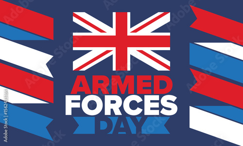 Armed Forces Day in United Kingdom. Great Britain flag. Veterans' and Memorial Day. Holiday to honoring the armed forces. British flag. Army Day. Creative art poster. Vector illustration