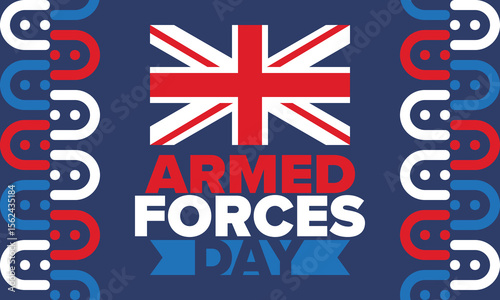 Armed Forces Day in United Kingdom. Great Britain flag. Veterans' and Memorial Day. Holiday to honoring the armed forces. British flag. Army Day. Creative art poster. Vector illustration