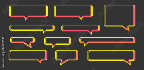 Set of neon pixel icons of speech bubbles. Retro 8 bit shapes in pixel art.