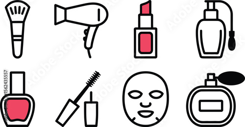Collection of simple line art icons representing beauty and cosmetic products