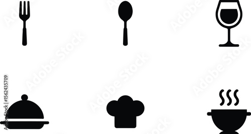 Collection of six black culinary icons on a white background including fork spoon wine glass chef hat and pot